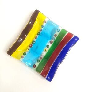 fused glass candy striped milifori art glass trinket dish colorful 4.25x4.5 inch